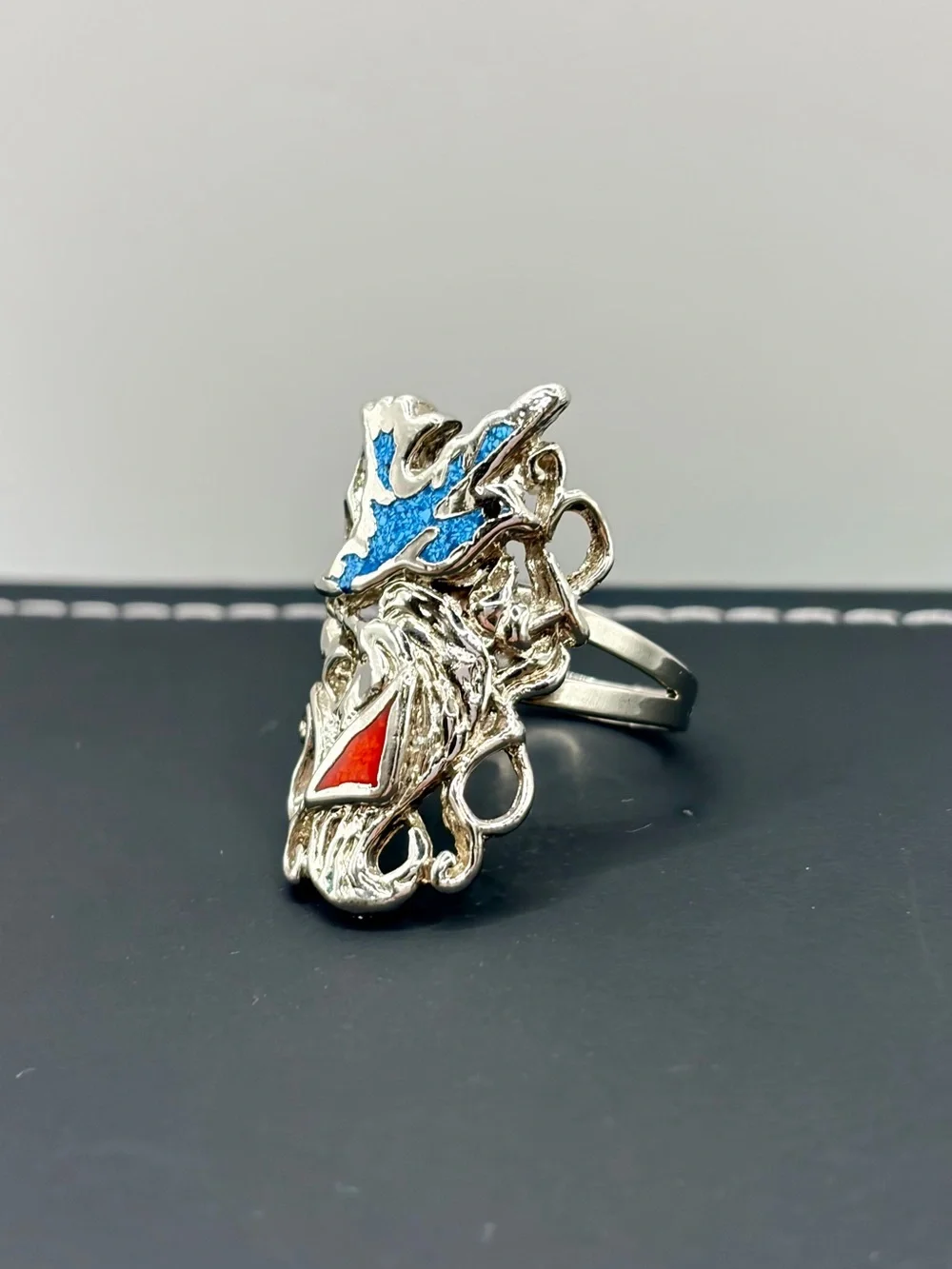 Tribal Silver Plated Statement Ring with Turquoise and Coral Accents